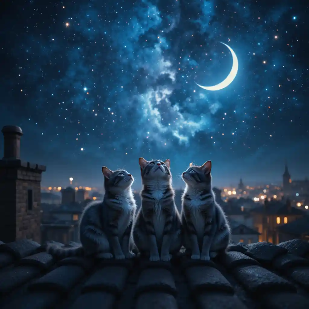 Três gatos se reúnem sob um céu estrelado no terraço de um prédio na cidade