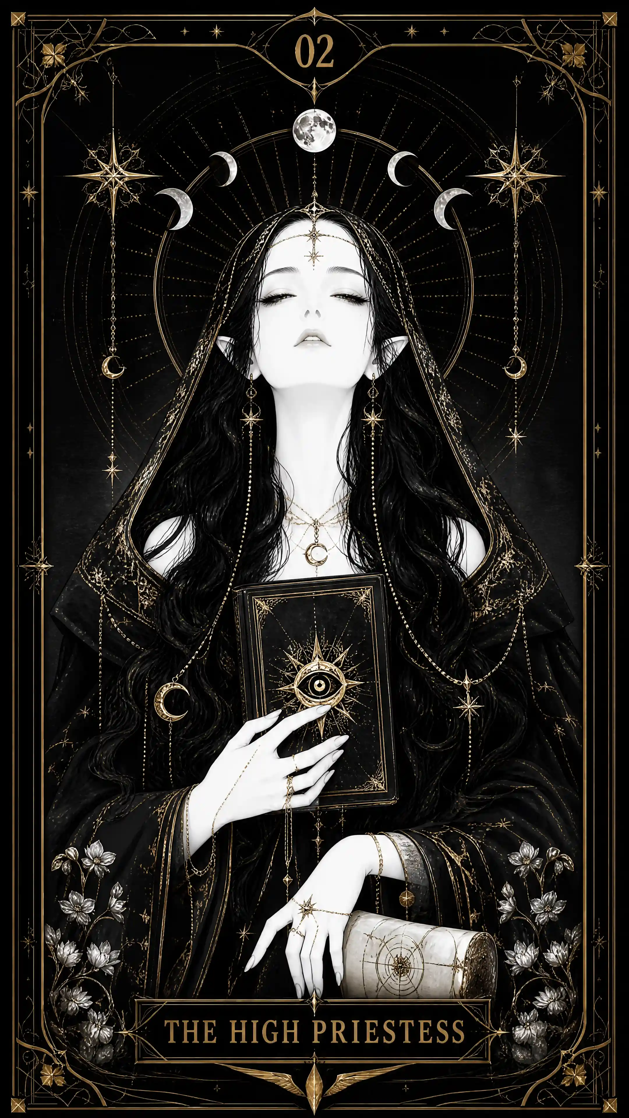A black and white High Priestess tarot card with gold accents