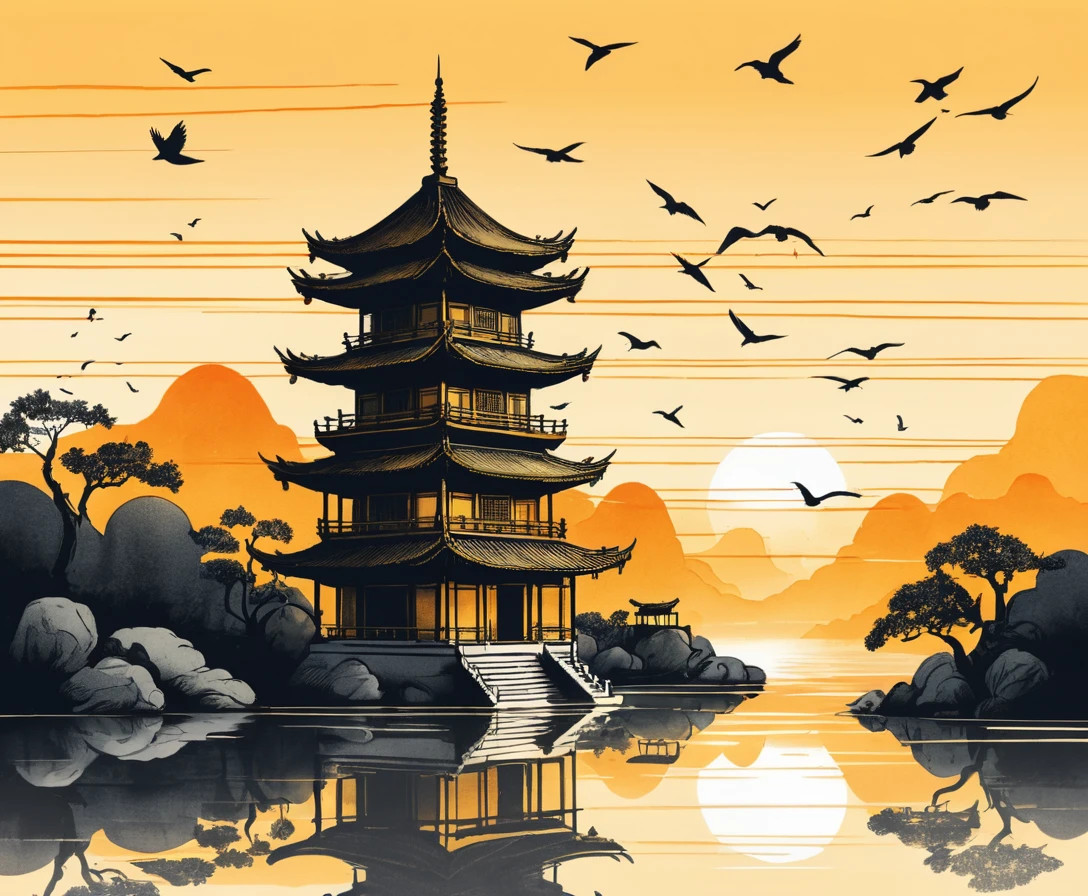 A Chinese ink painting of a pagoda beneath the setting sun
