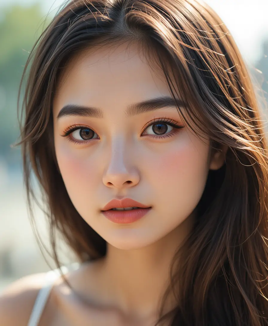 부드러운 자연광 아래 카메라를 바라보는 젊은 아시아 여성