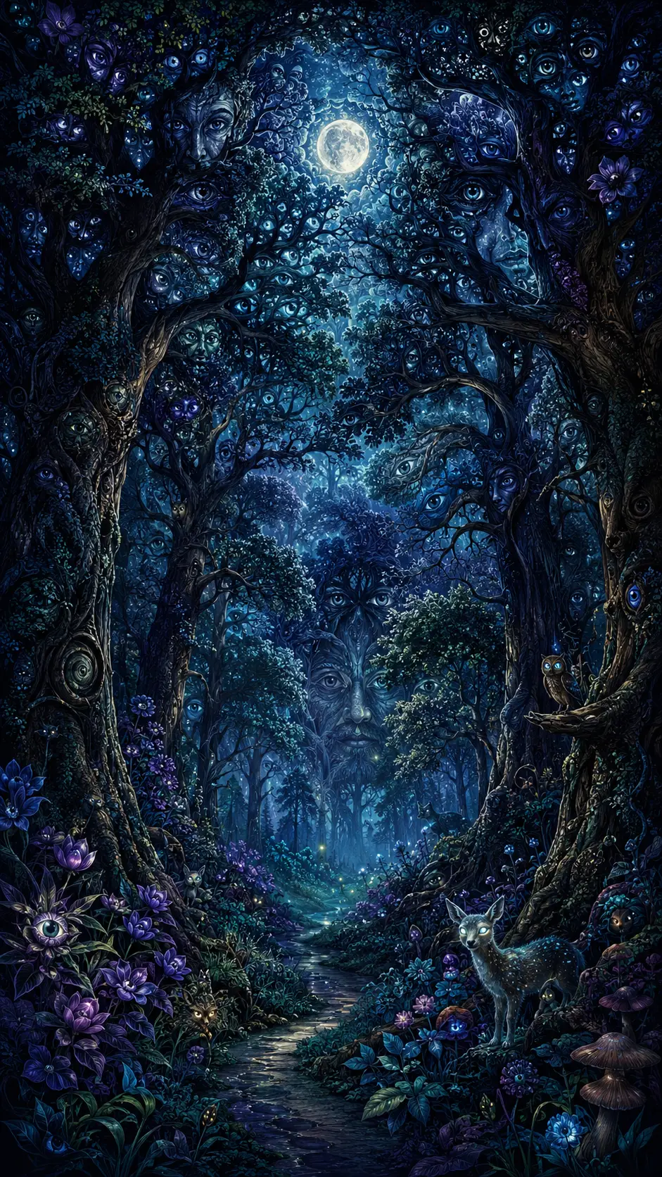 Árvores da floresta iluminada pela lua formam um dossel sobre um caminho estreito
