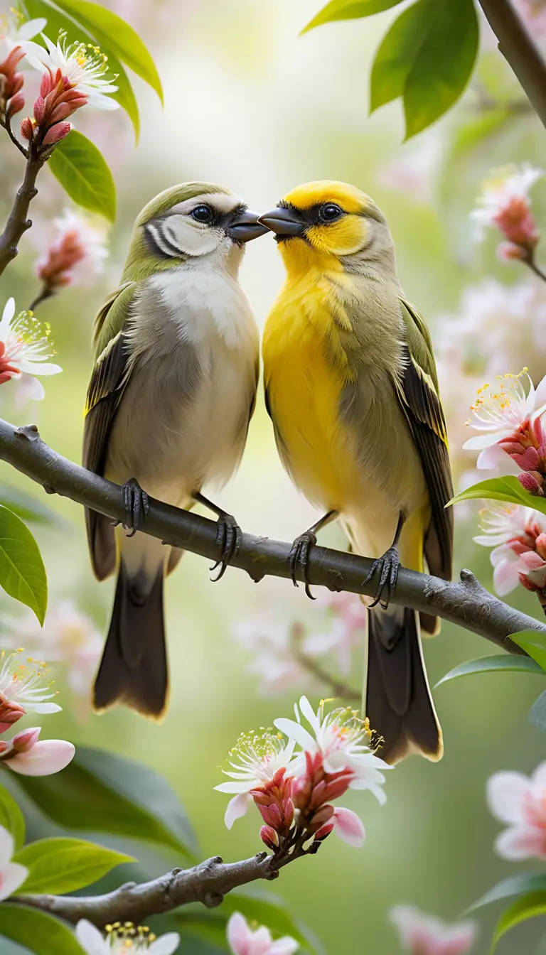 Two colorful birds perched among bright yellow blossoms