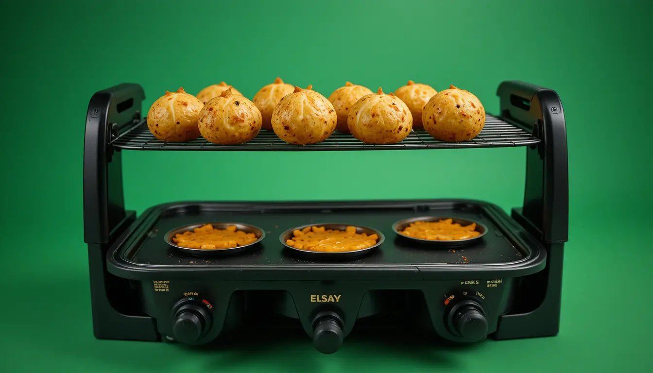 Uma raclette derrete queijo dourado sob batatas assadas