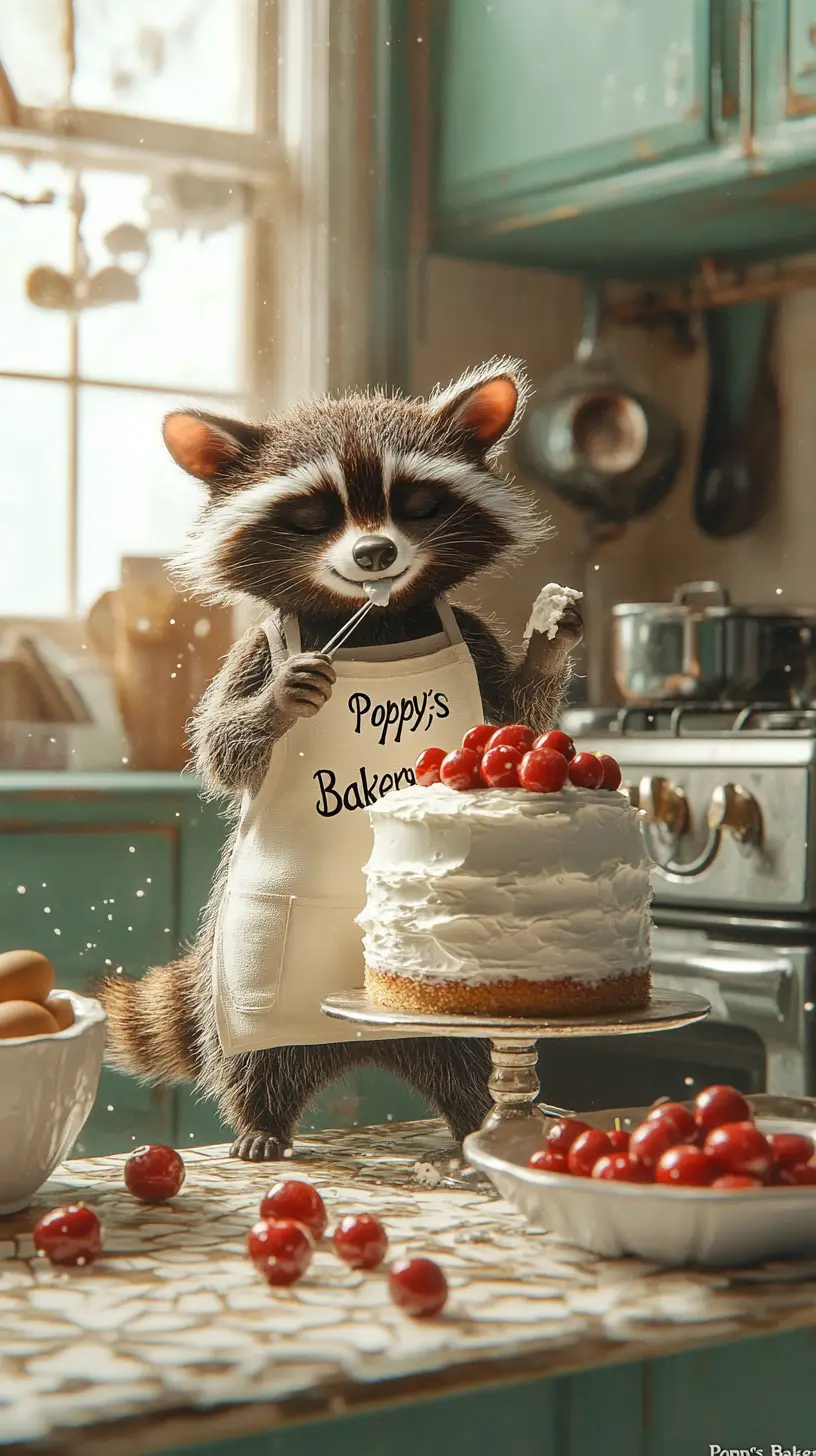 A raccoon baker pipes buttercream rosettes onto a cake in a vintage kitchen