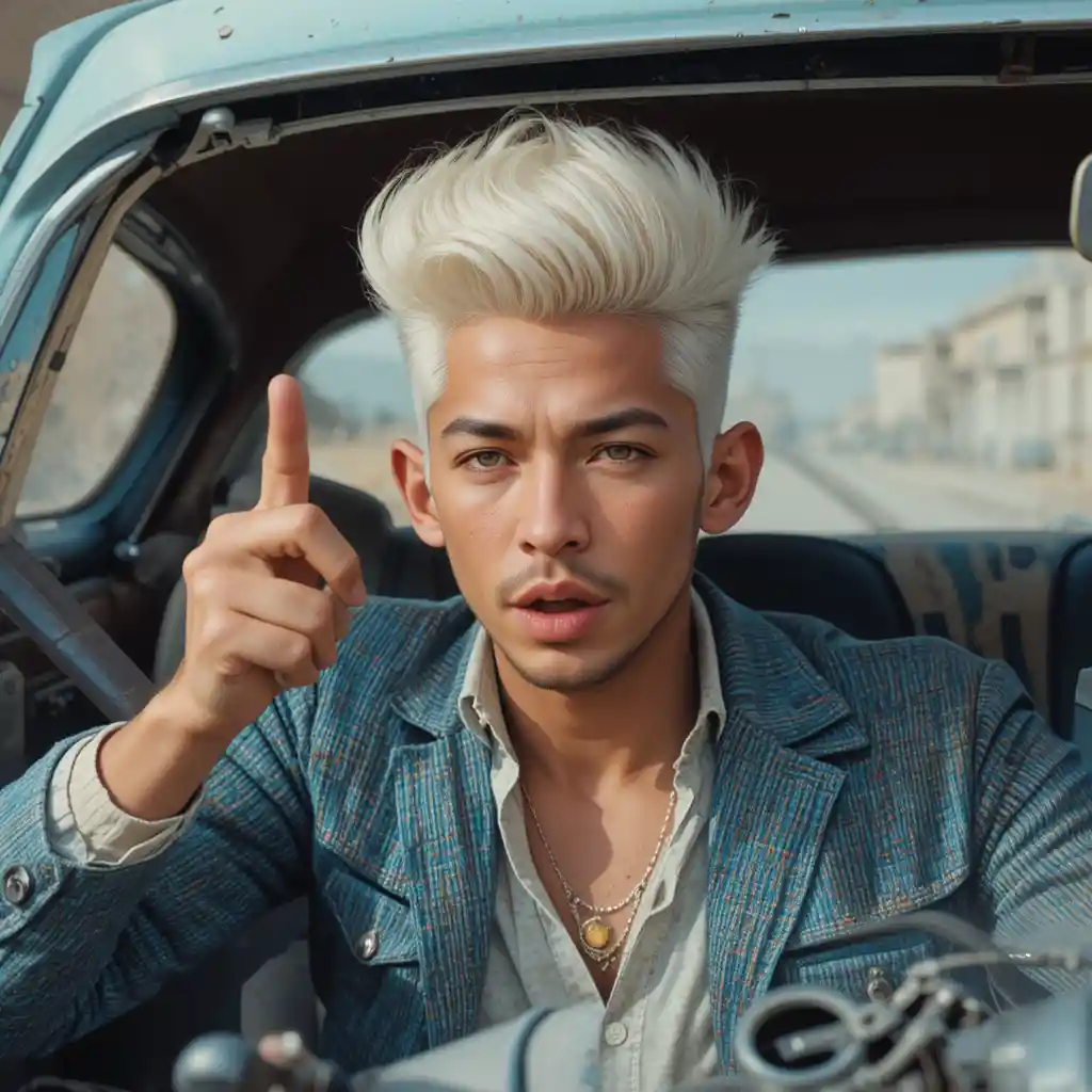 Um homem com topete pompadour fala sobre problemas com o carro