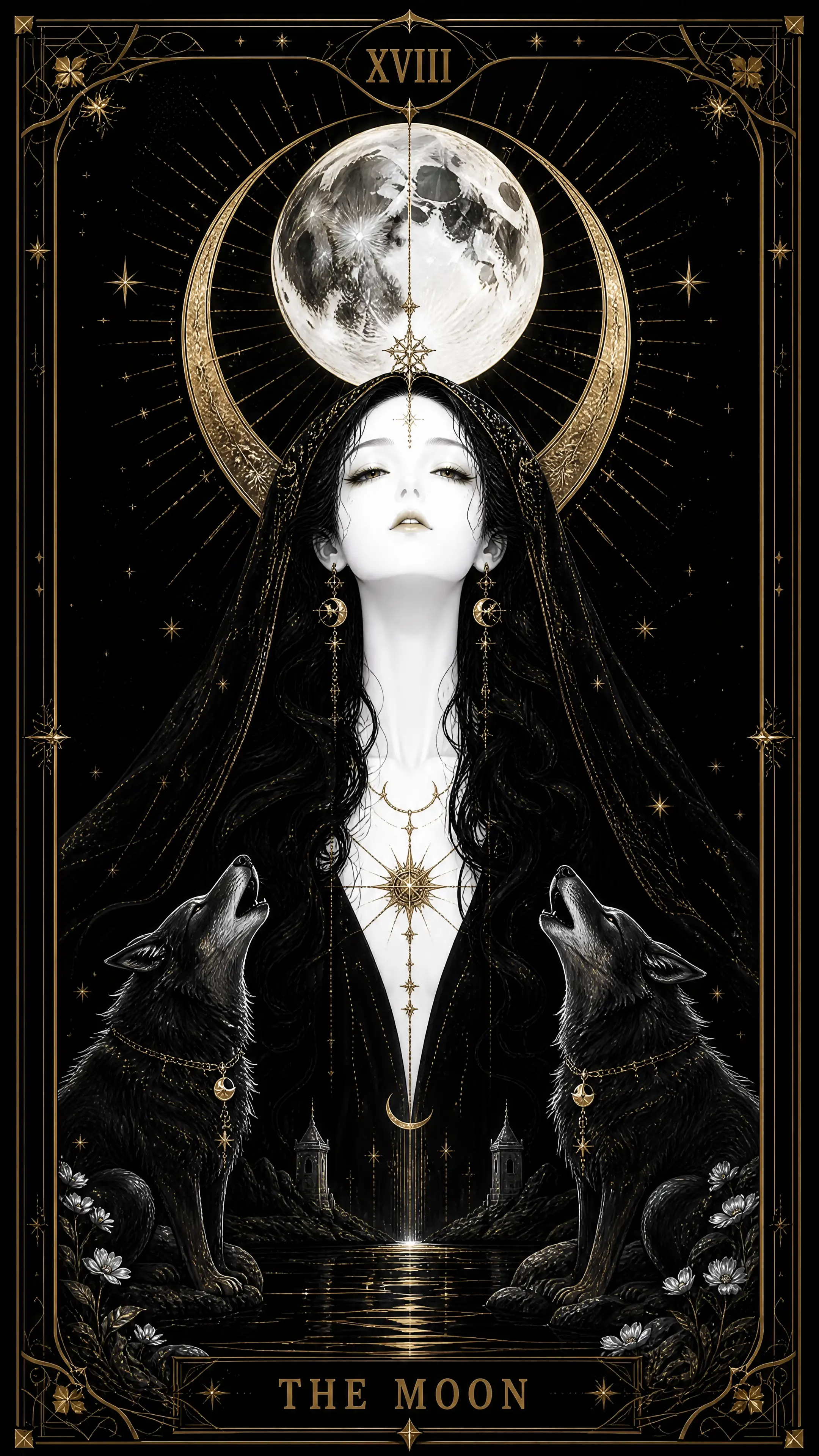 Uma carta de tarô com a lua e detalhes dourados