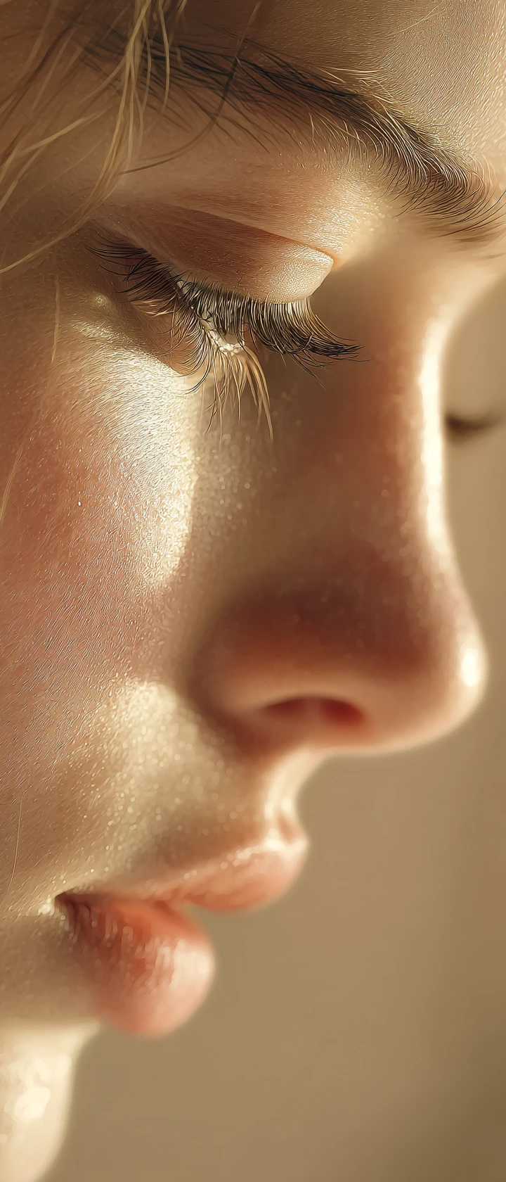 Retrato suave de perfil de uma mulher, com cílios longos e realces delicados
