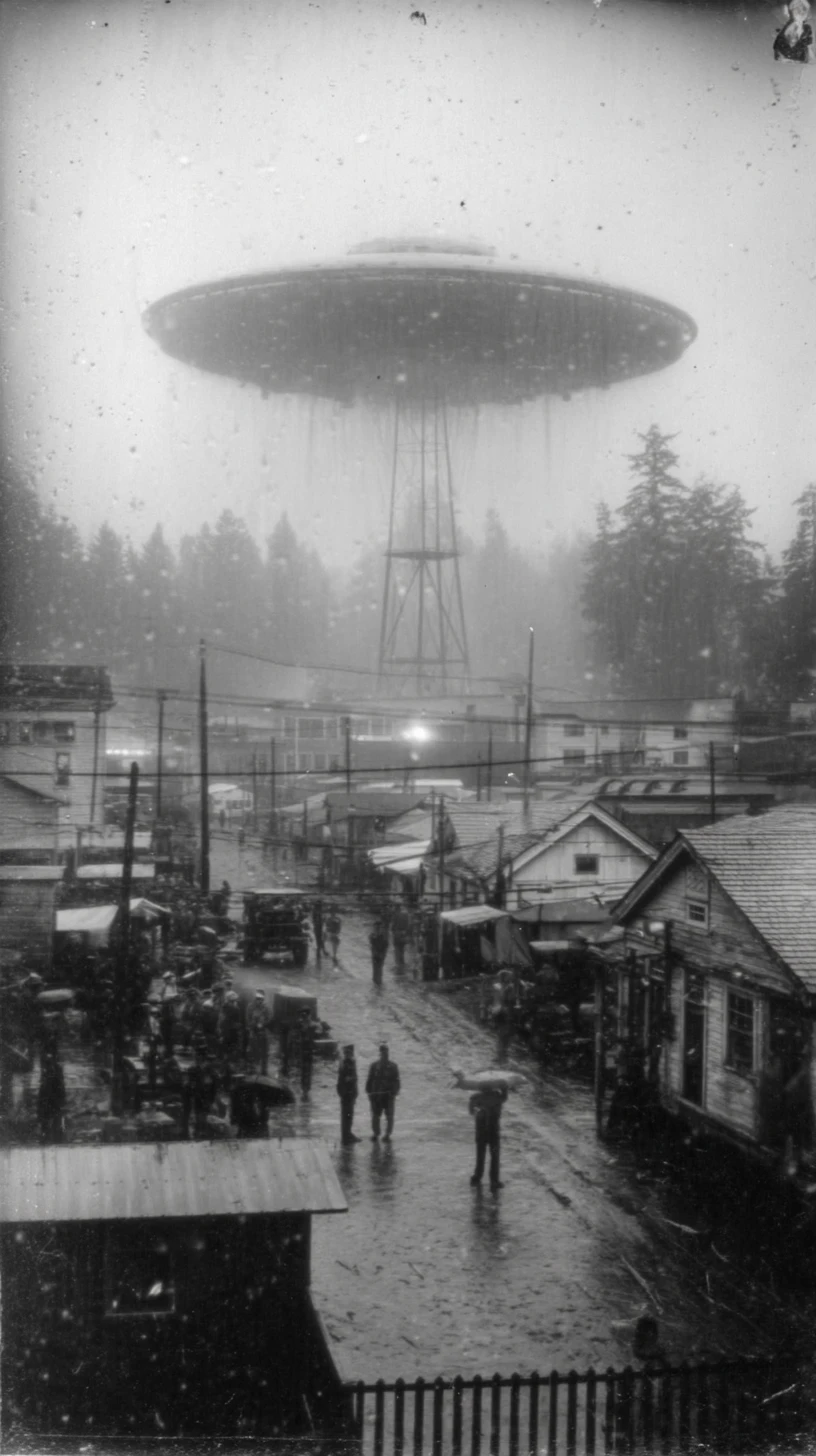 A disc-shaped craft rests on a military base in heavy rain