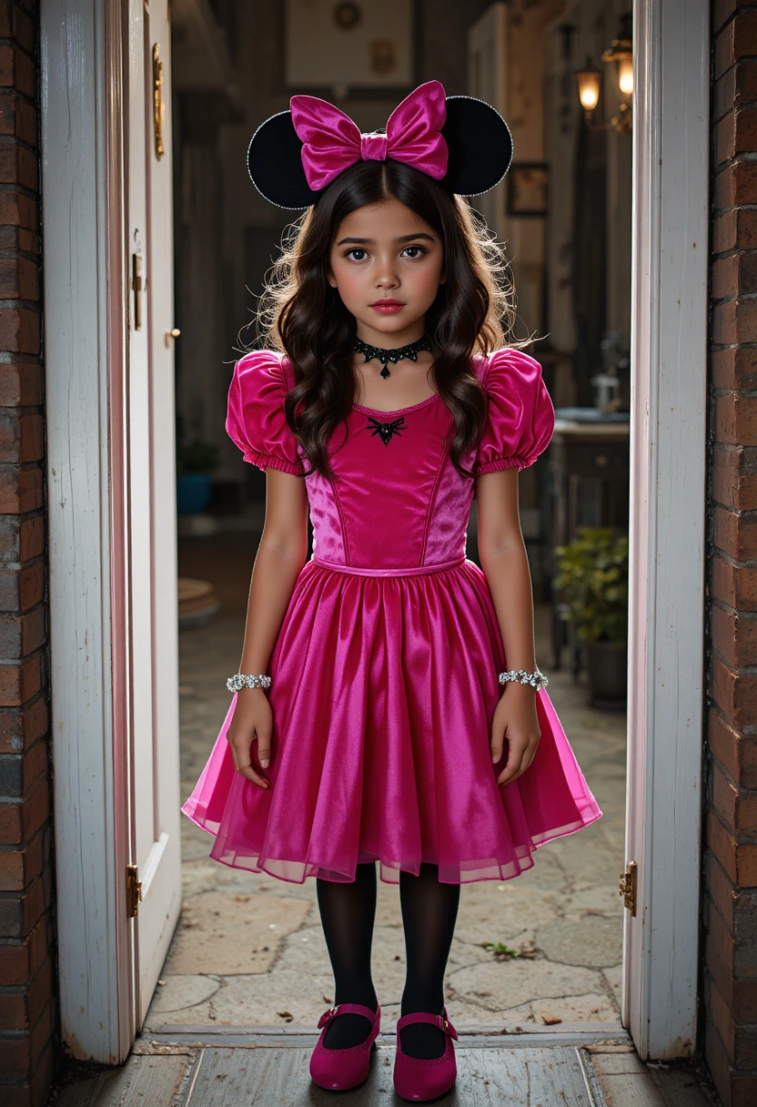 Un bambino imbronciato, vestito da principessa Minnie, è in piedi sotto una porta