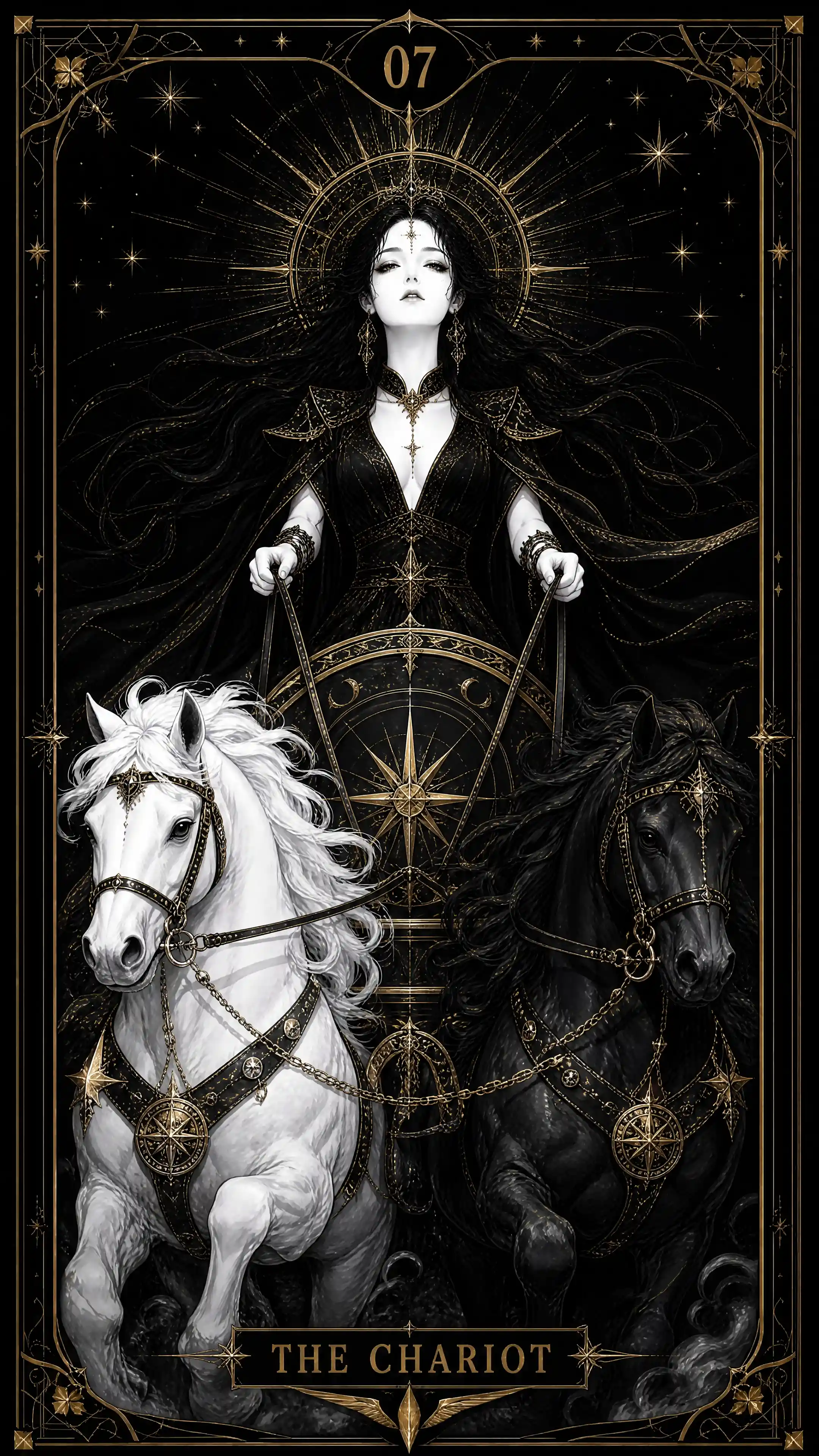 Die Tarotkarte Der Wagen mit goldenen Details und einer blassen Figur