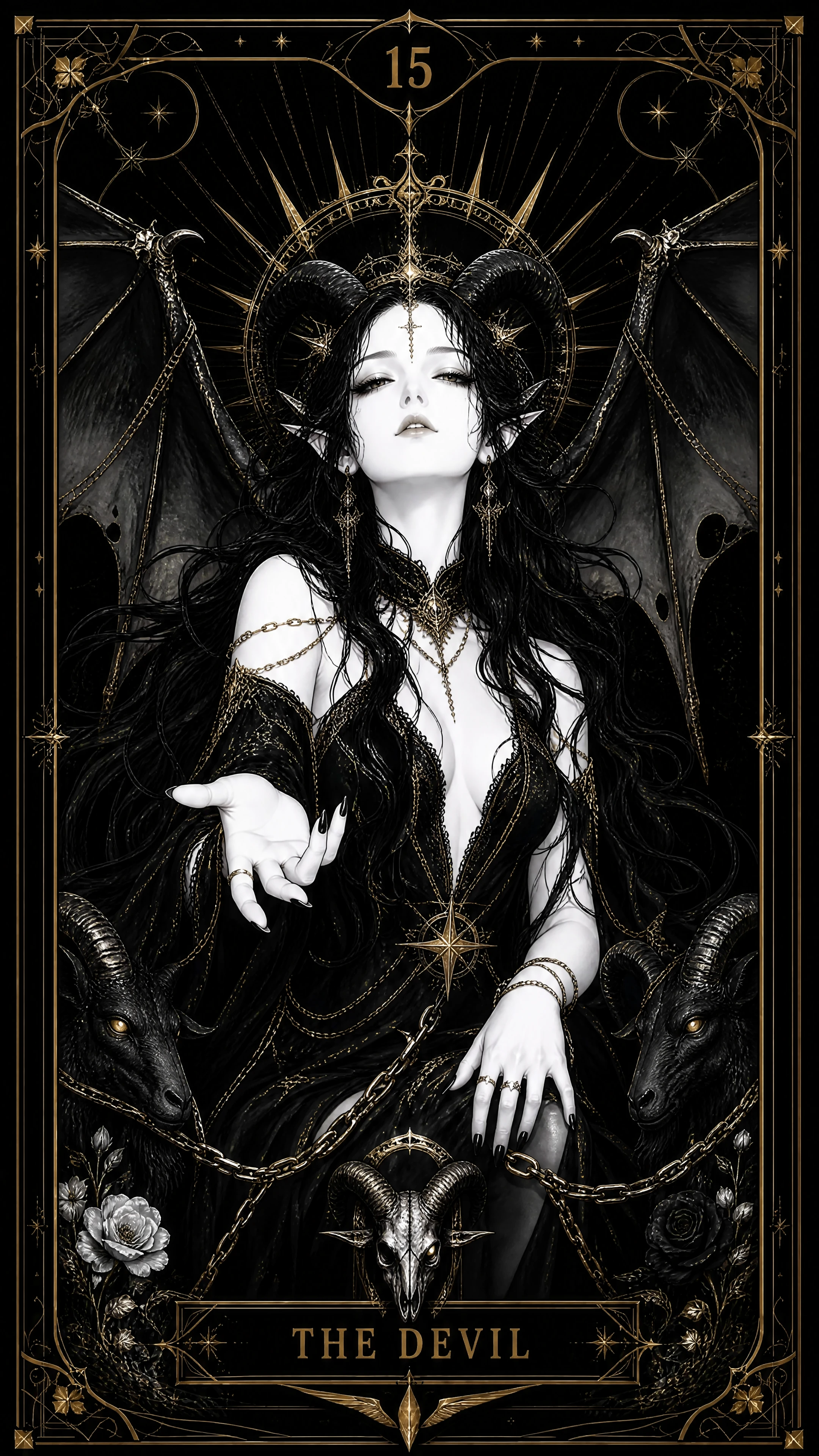 Uma carta de tarô retrata o Diabo em preto e branco com detalhes dourados