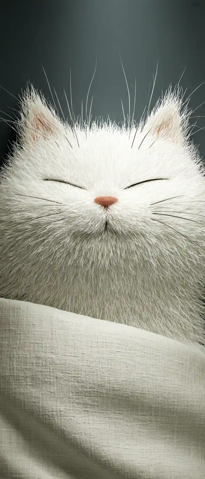 Um gato branco dorme tranquilamente com o rosto apoiado numa almofada
