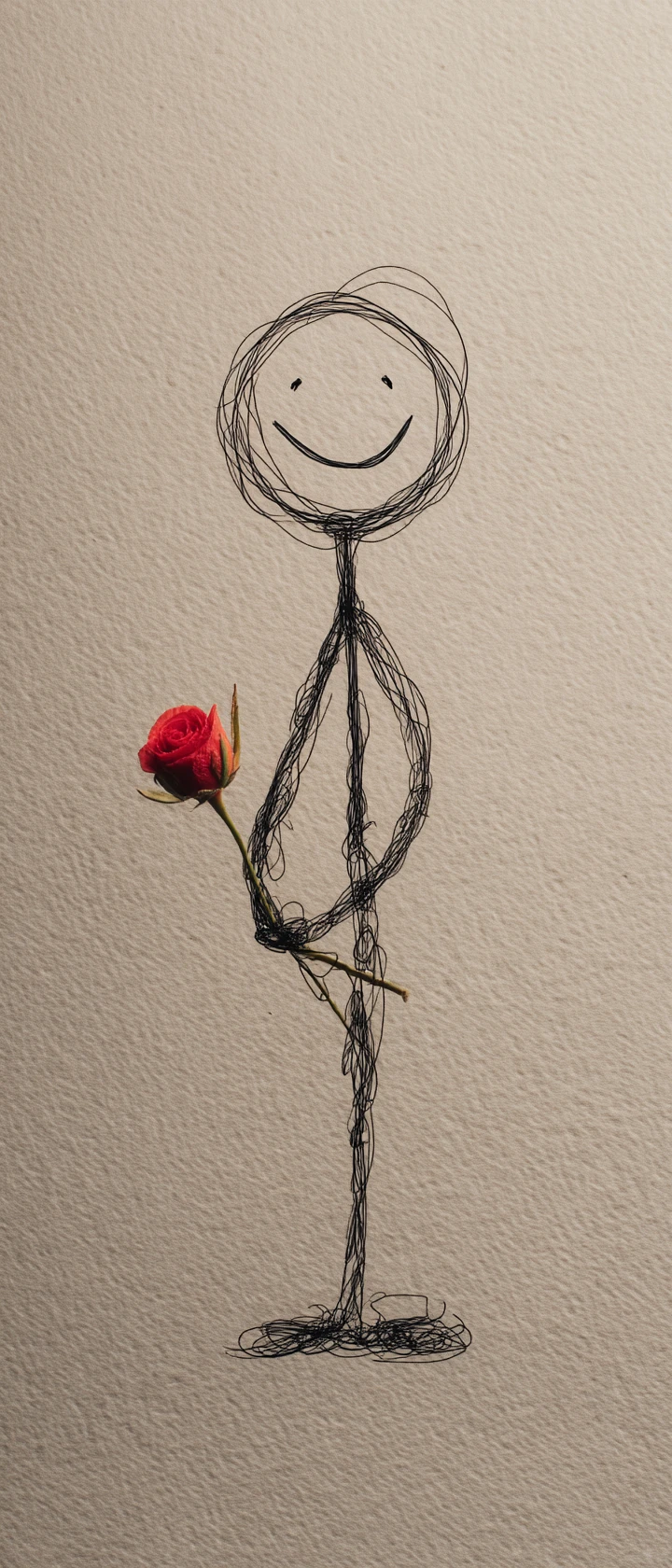 Una figura stilizzata sorridente tiene una rosa rossa realistica