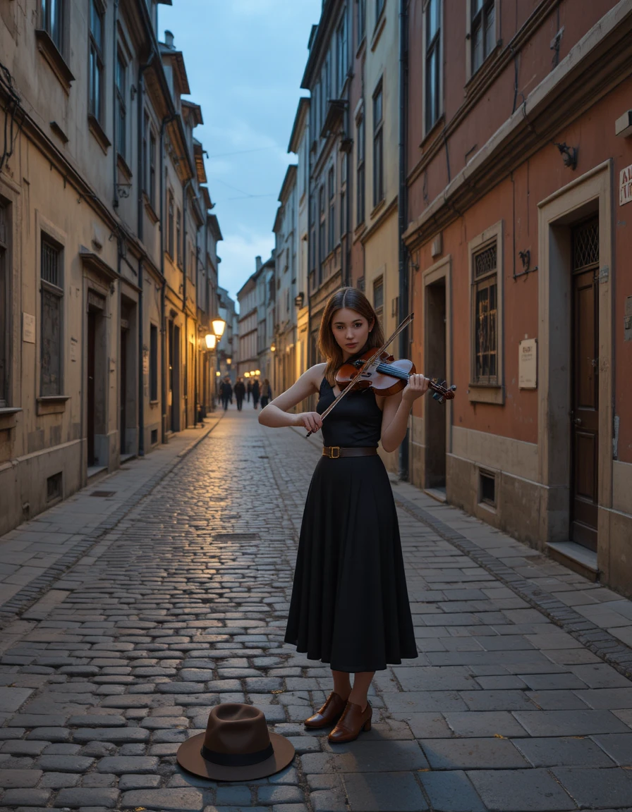 Uma jovem violinista toca numa rua histórica de paralelepípedos ao entardecer