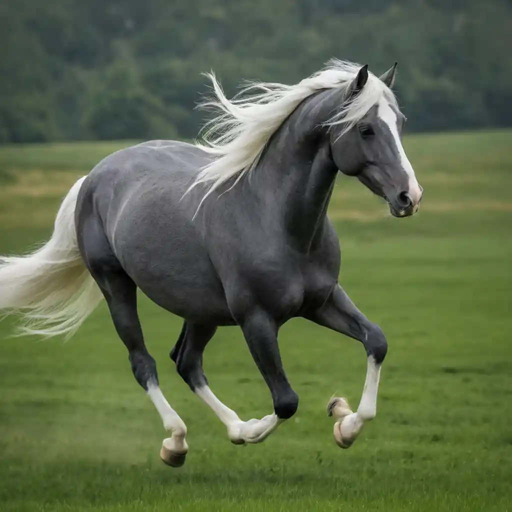 Um cavalo cinzento-escuro a trotar por um campo verdejante