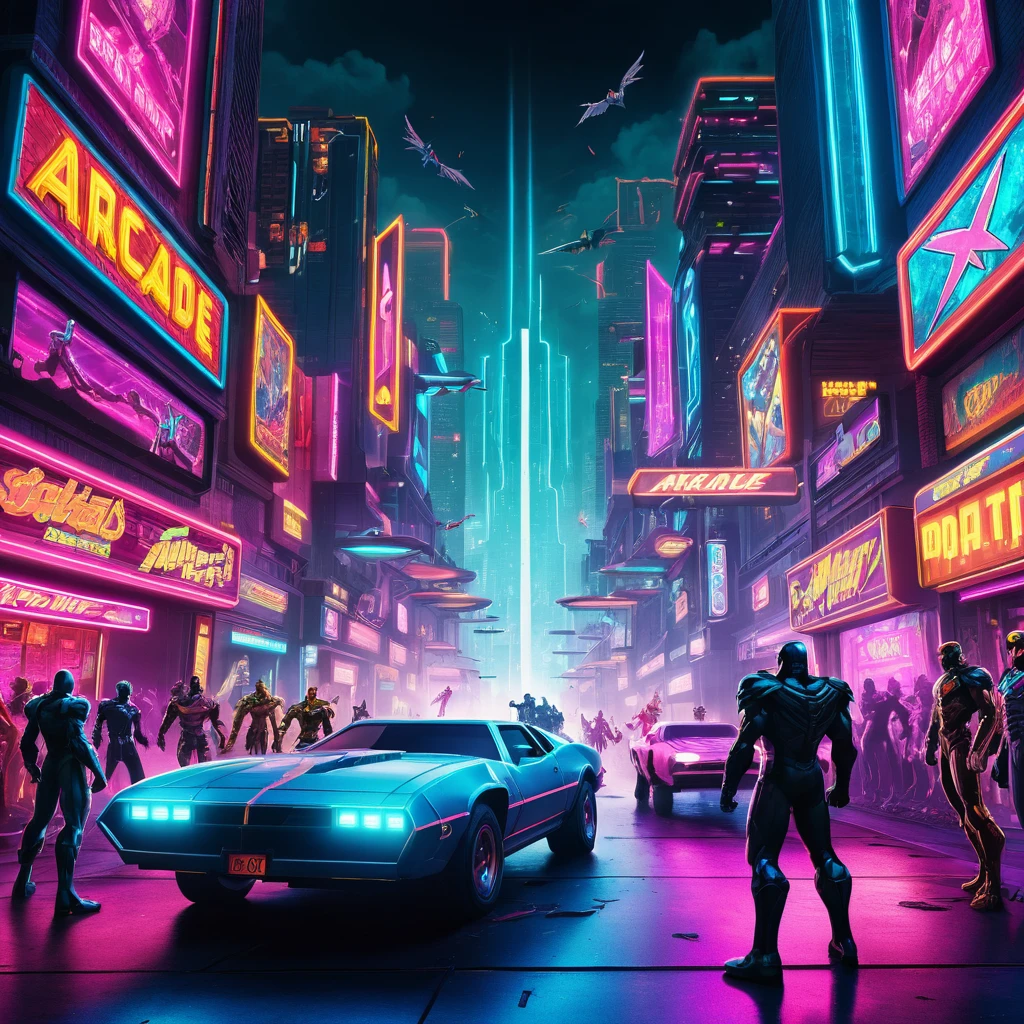 Anjos de arcade enfrentam criaturas sombrias em uma cidade neon retrofuturista