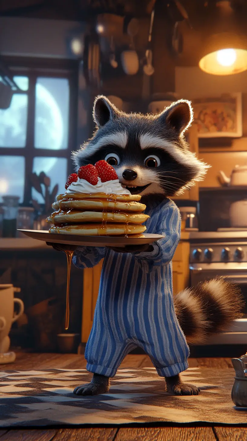 A pajama-clad raccoon sneaks through a moonlit kitchen with pancakes