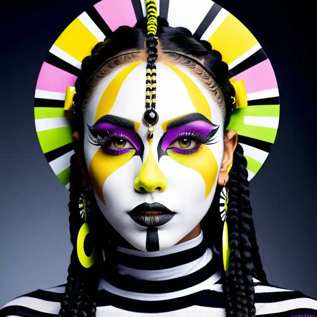 A close-up portrait with monochrome face paint and vivid yellow eyes