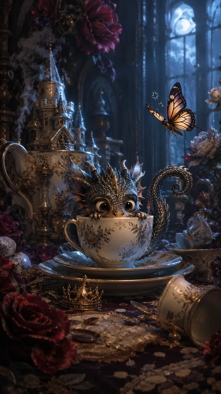 Ein uralter Drache versteckt sich in einer winzigen Teetasse aus Porzellan