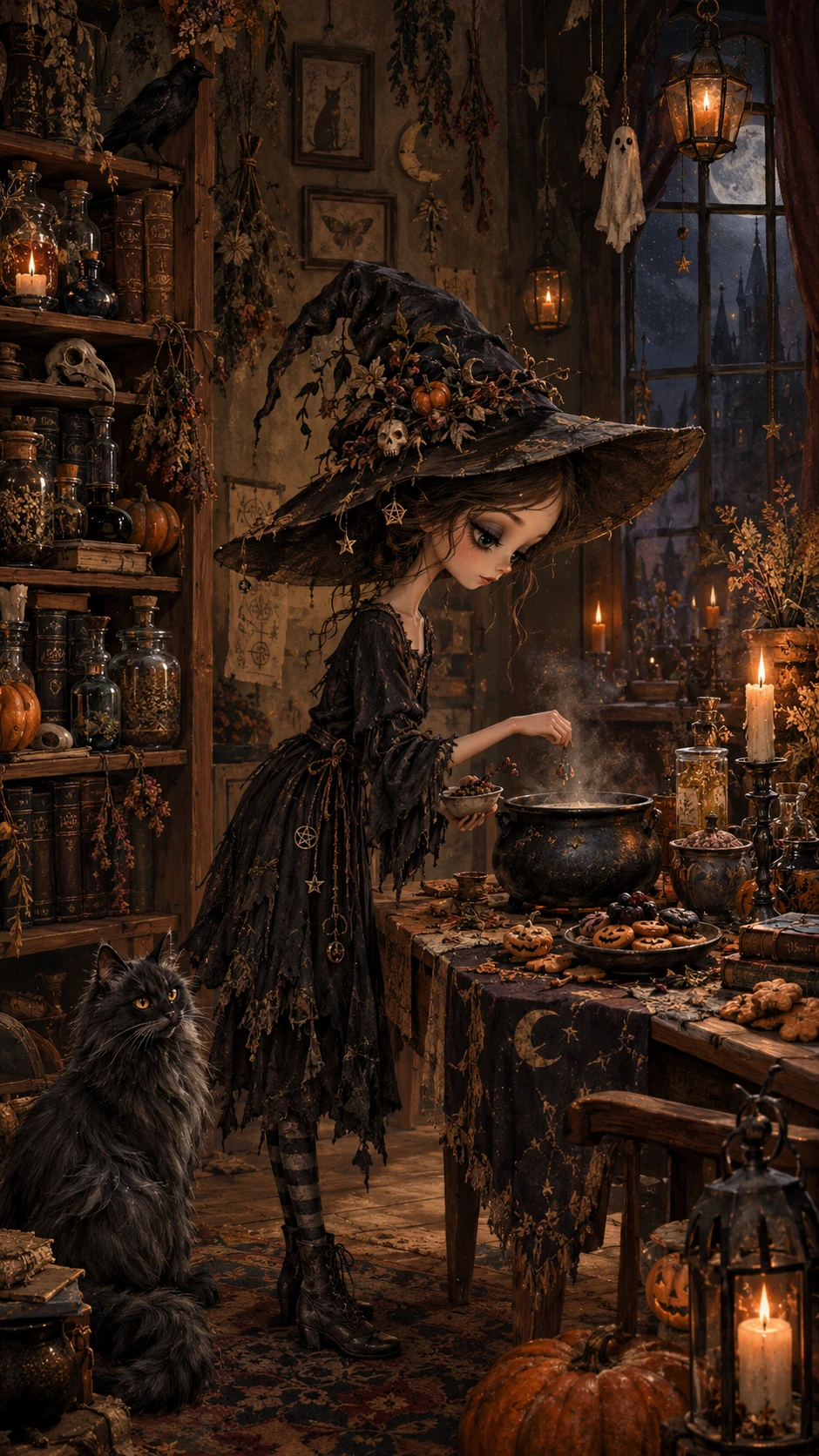 Uma jovem bruxa prepara um banquete de Halloween no seu quarto encantado