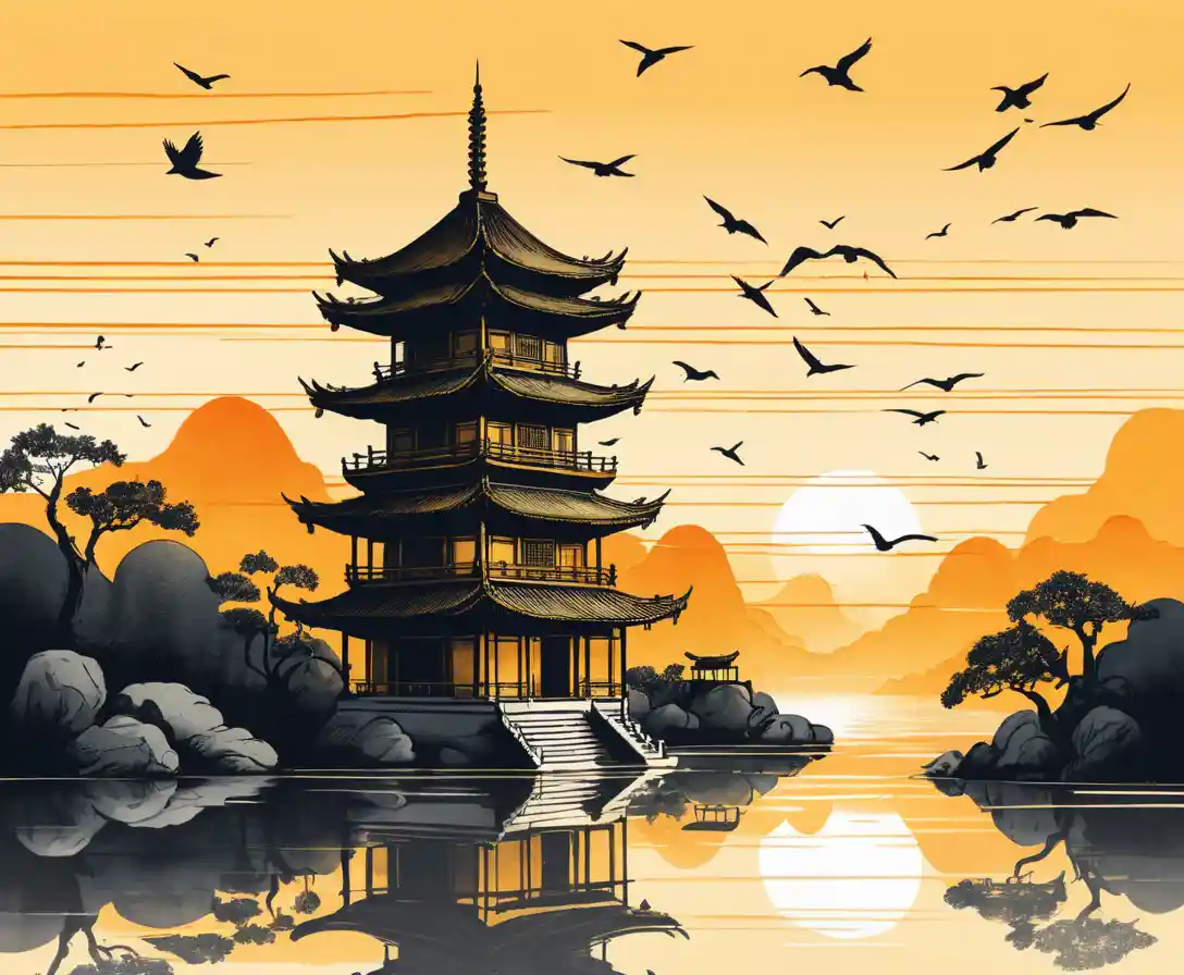 夕日の下にたたずむ塔を描いた中国水墨画