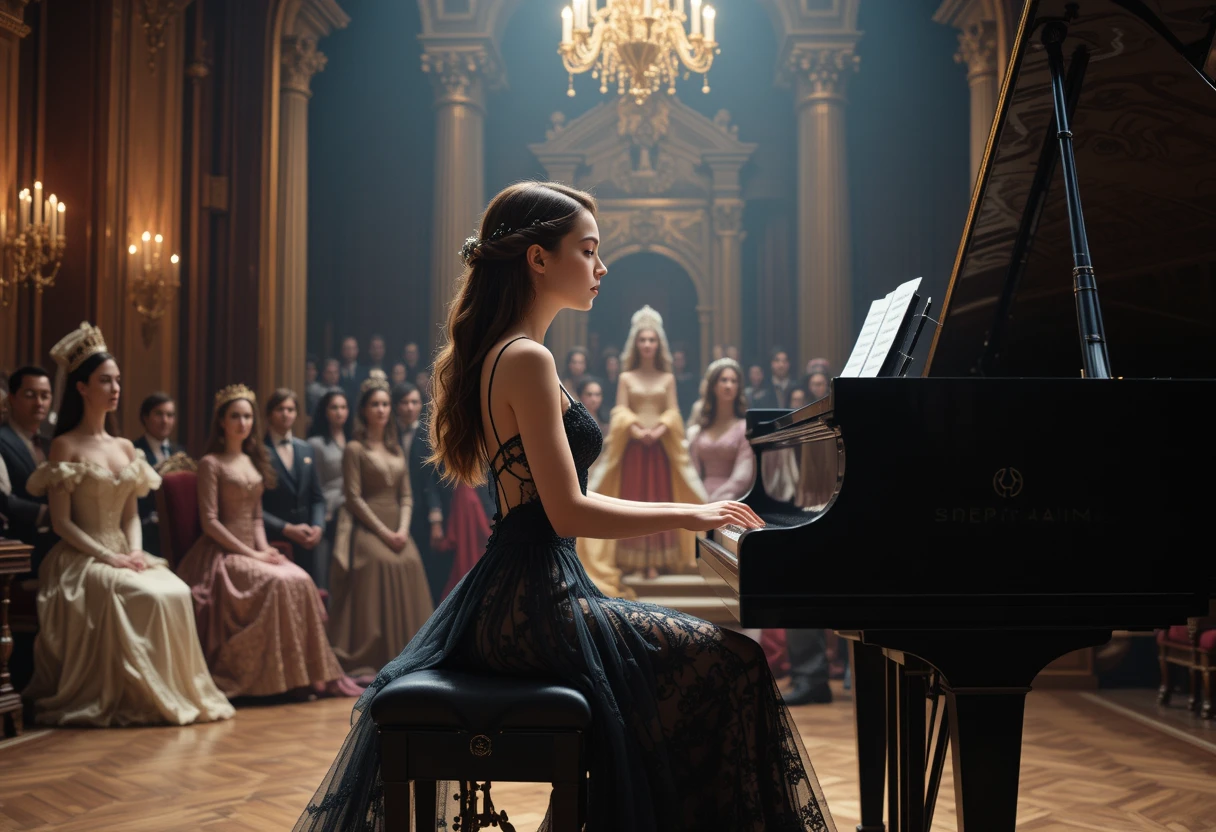 Une jeune pianiste joue sur un piano à queue dans un théâtre baroque
