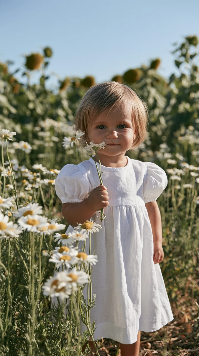 Um bebê francês em pé em um campo de girassóis em uma tarde de verão