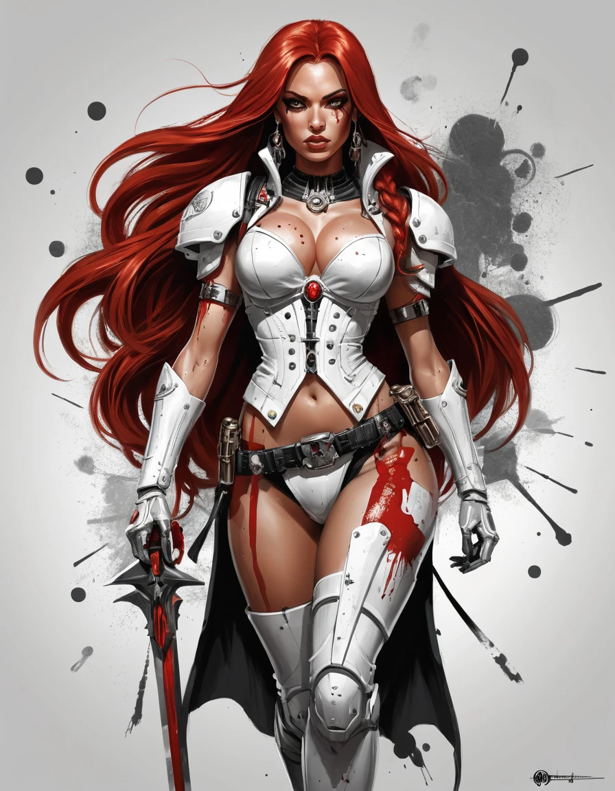 Uma mulher ruiva posa com um traje completo inspirado em Warhammer