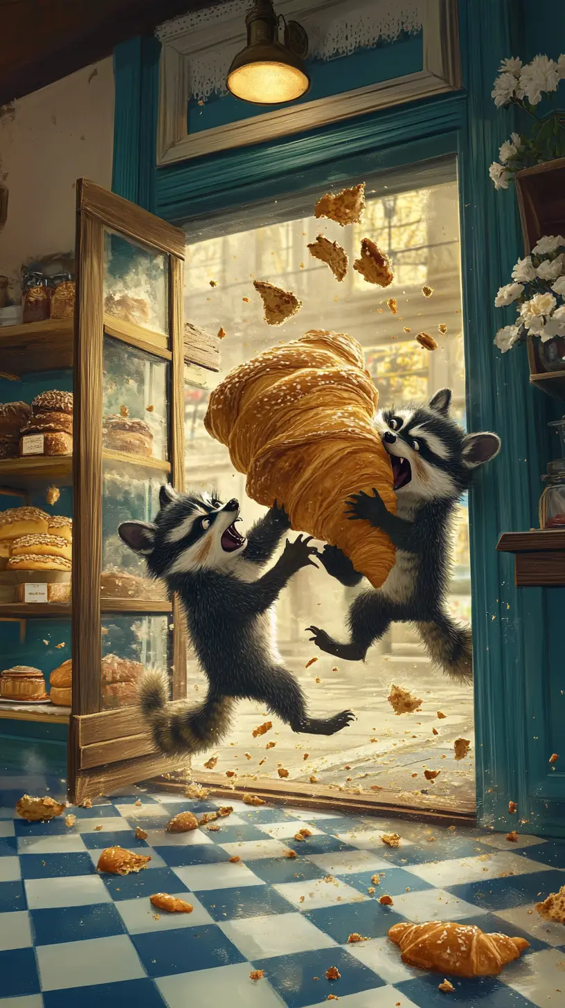 Dois guaxinins tentam passar um croissant gigante pela porta de uma padaria