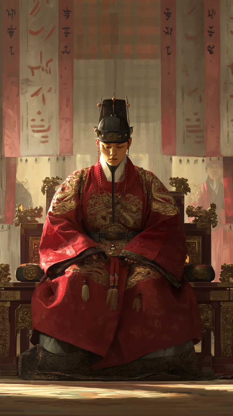 O jovem rei de Joseon, Jeongjo, senta-se ereto no trono real