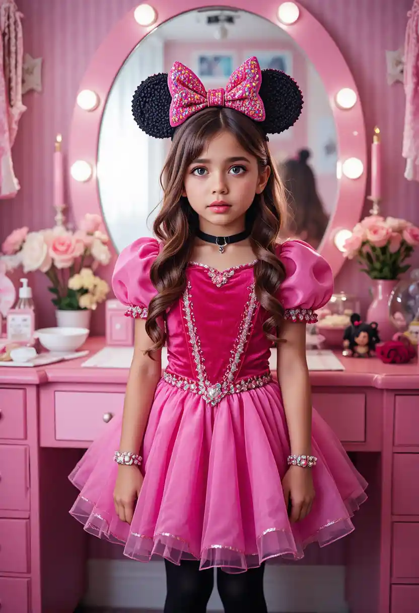 A nervous boy in a princess Minnie Mouse costume stands before a vanity