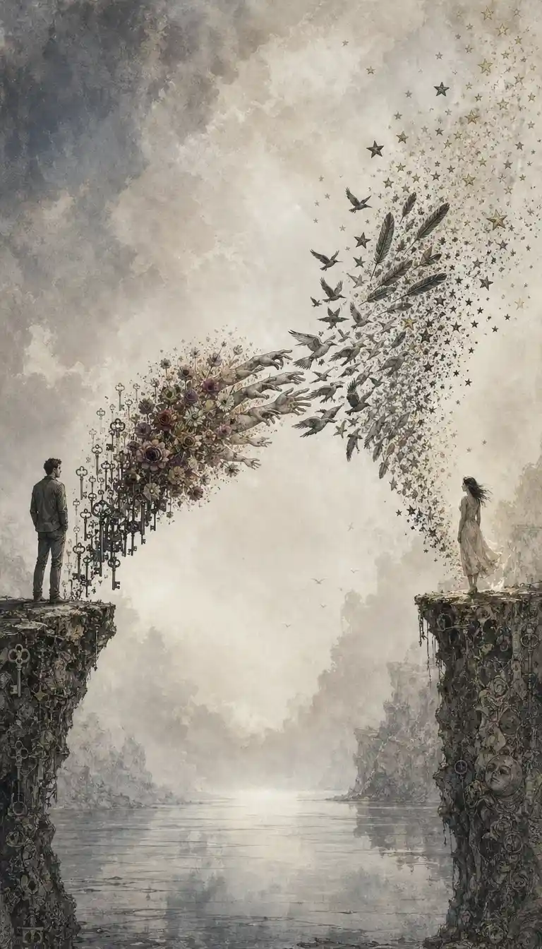 불가능한 상징의 다리 옆, 강을 사이에 두고 마주 선 두 사람