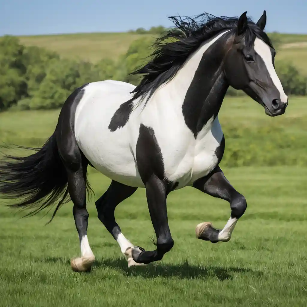 Un cavallo bianco e nero trotta in un campo verde illuminato dal sole