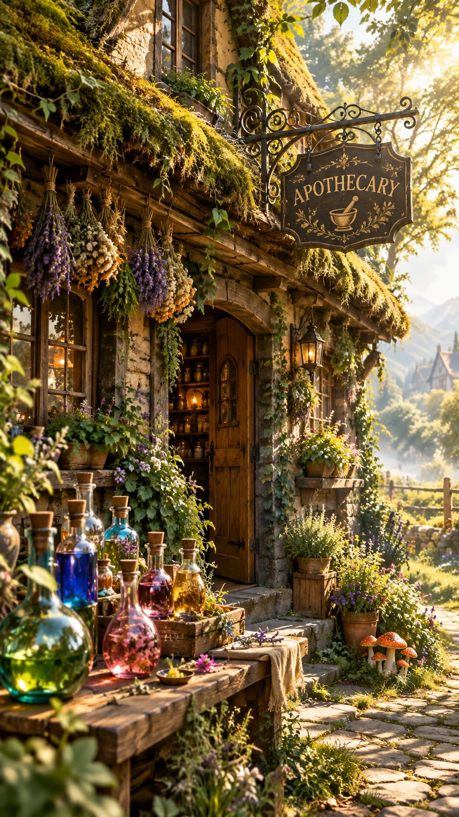 Une petite apothicairerie ensoleillée, nichée dans le jardin luxuriant d’un village