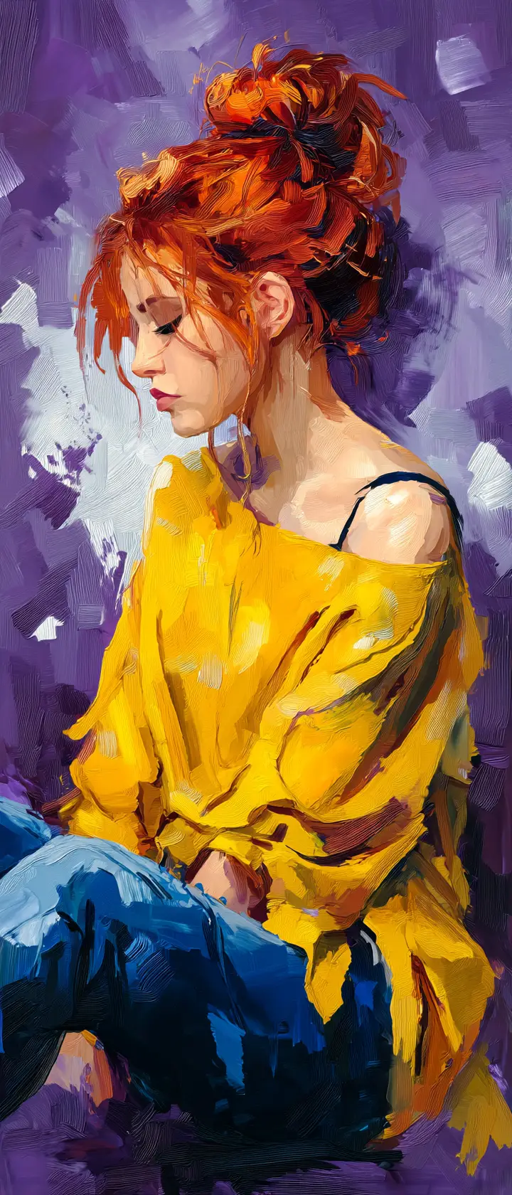 Uma jovem ruiva sentada diante de um fundo abstrato
