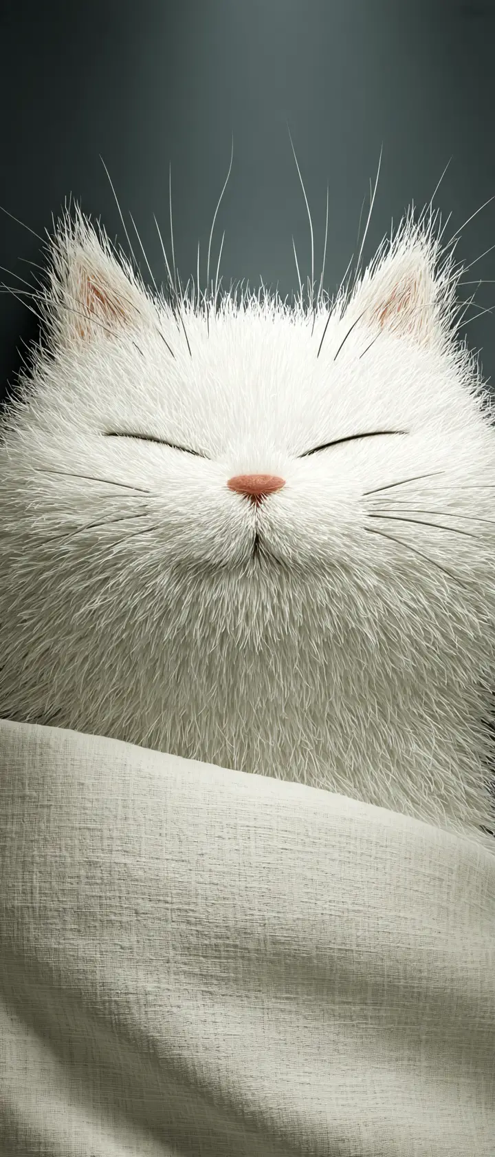 Um gato branco dorme tranquilamente com o rosto apoiado numa almofada