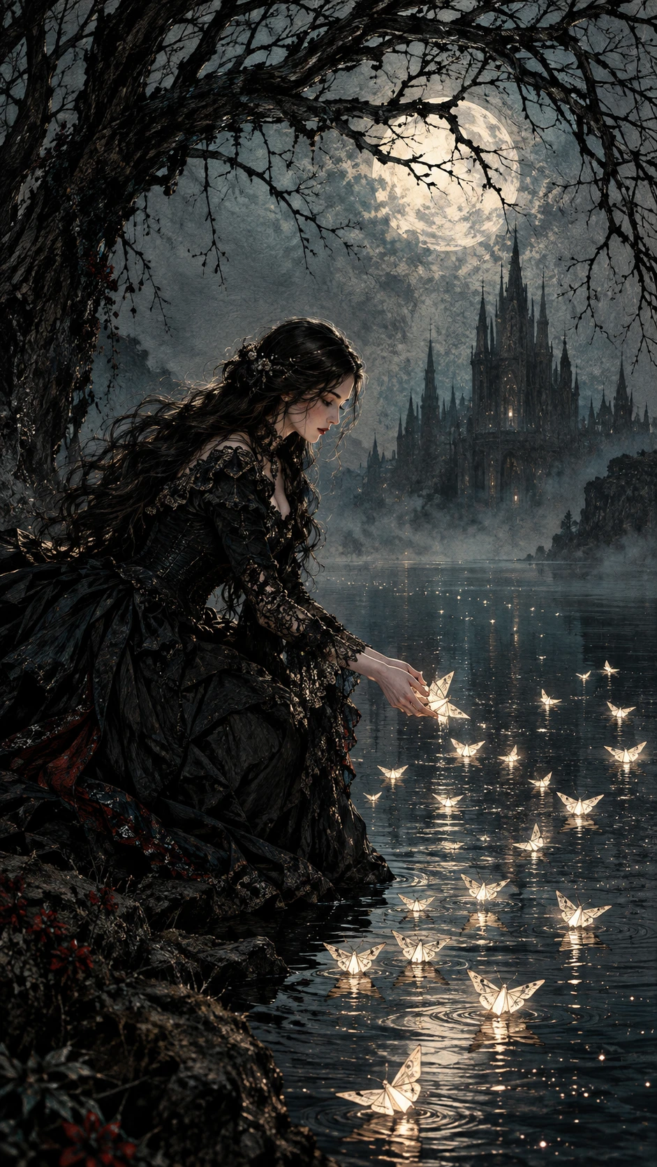 Uma mulher solta mariposas de papel brilhantes junto a um lago sereno