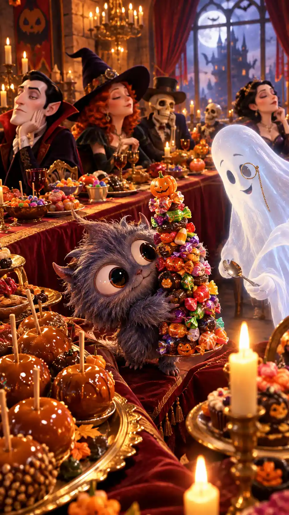 Pequeno monstro rouba uma torre de doces em um banquete de Halloween