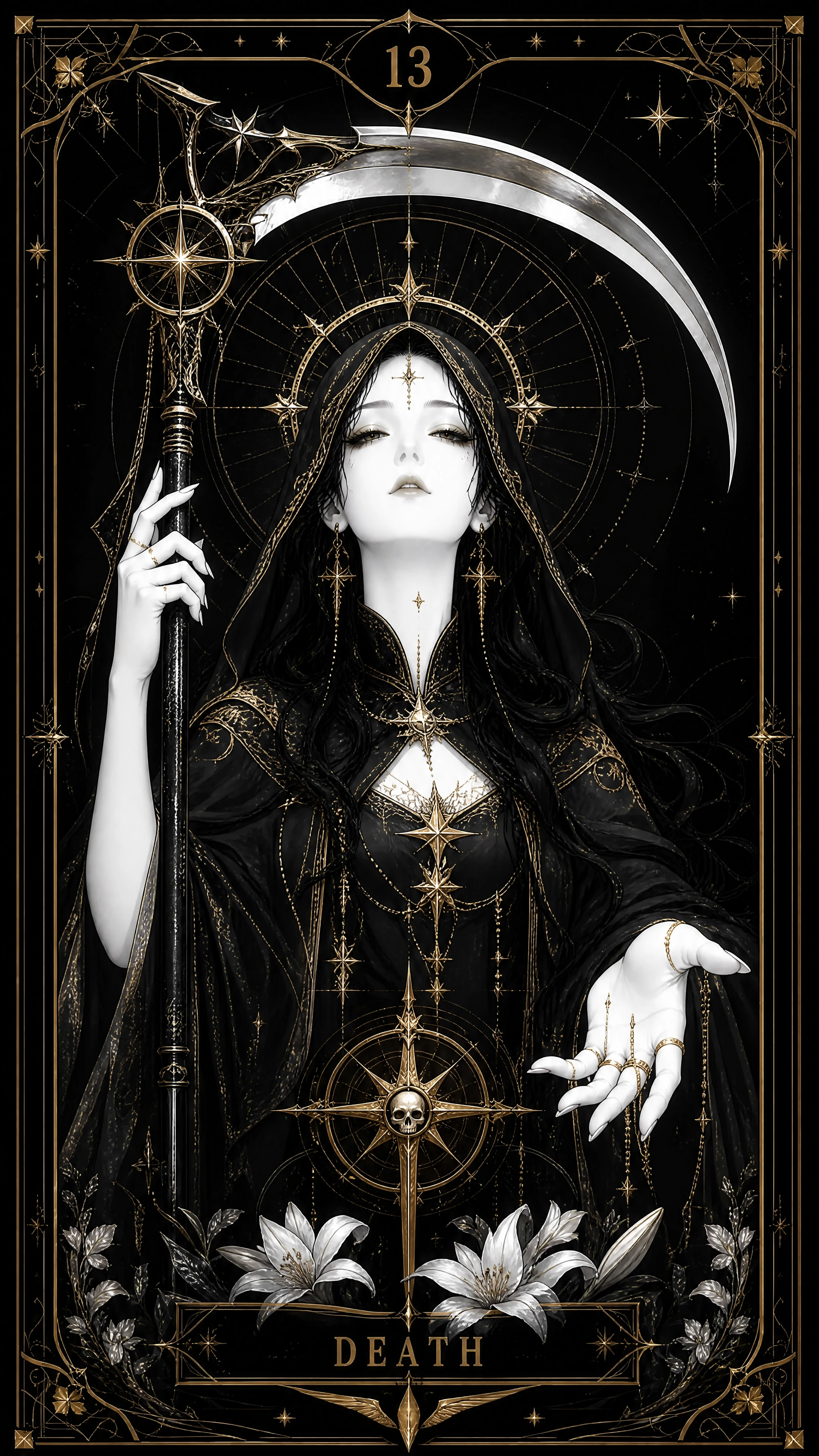 Uma carta de tarô em preto e branco com a Morte e detalhes dourados