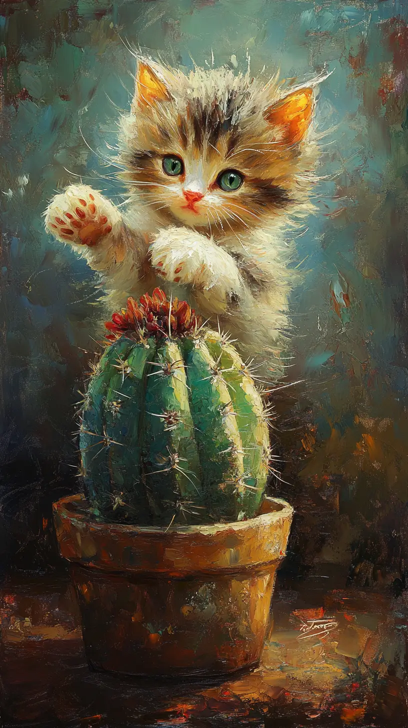 Um gatinho fofinho estende a pata na direção de um cato numa pintura cheia de fantasia