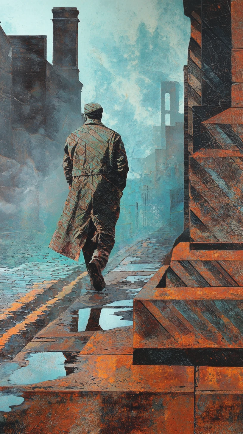 Ruas molhadas pela chuva na Londres do pós-guerra, sob duras sombras de concreto