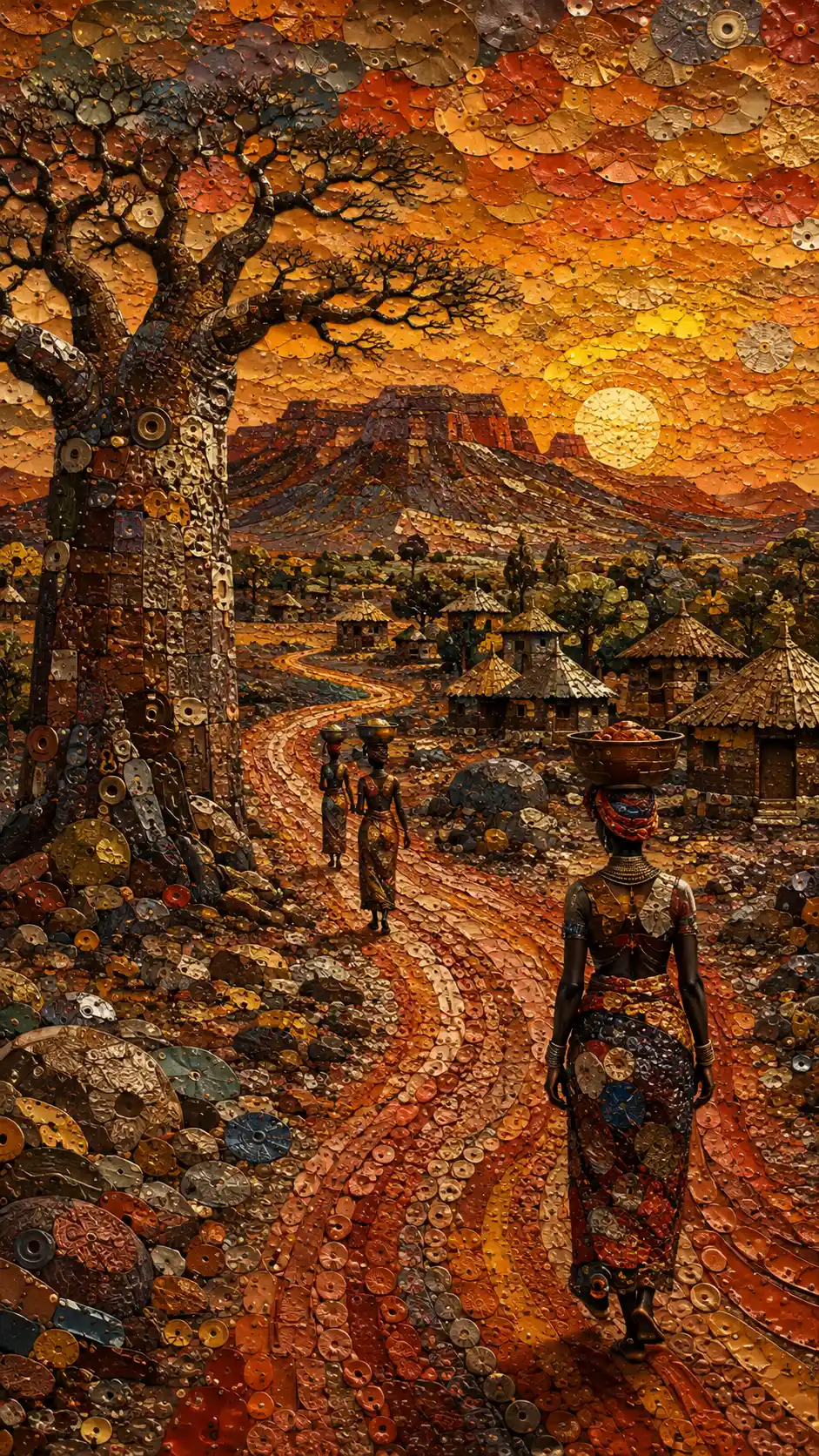 Ein Affenbrotbaum erhebt sich über einem gewundenen Pfad in der afrikanischen Landschaft