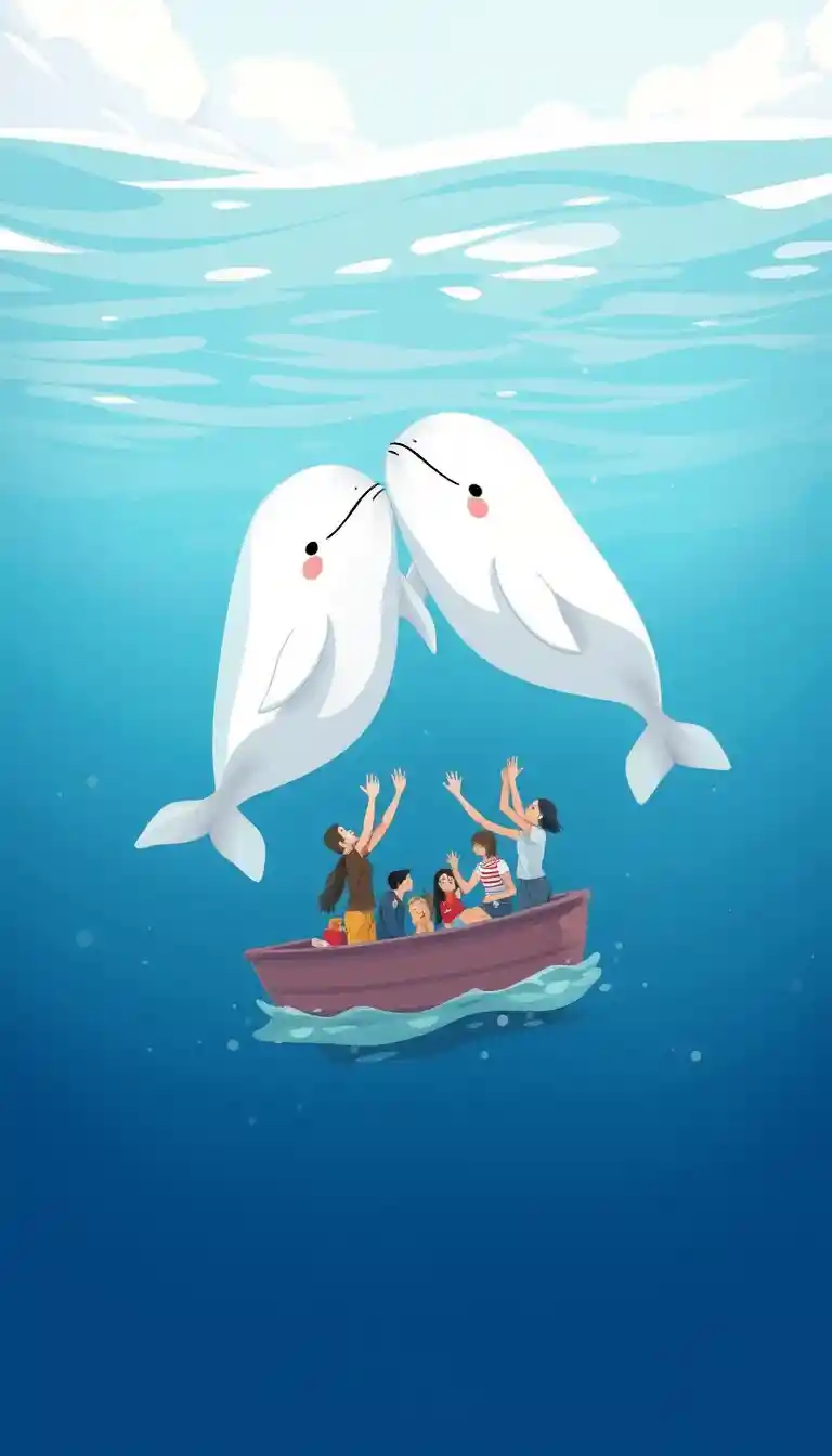 Zwei gezeichnete Beluga-Kälber springen gemeinsam durch arktische Gewässer neben einem Ausflugsboot
