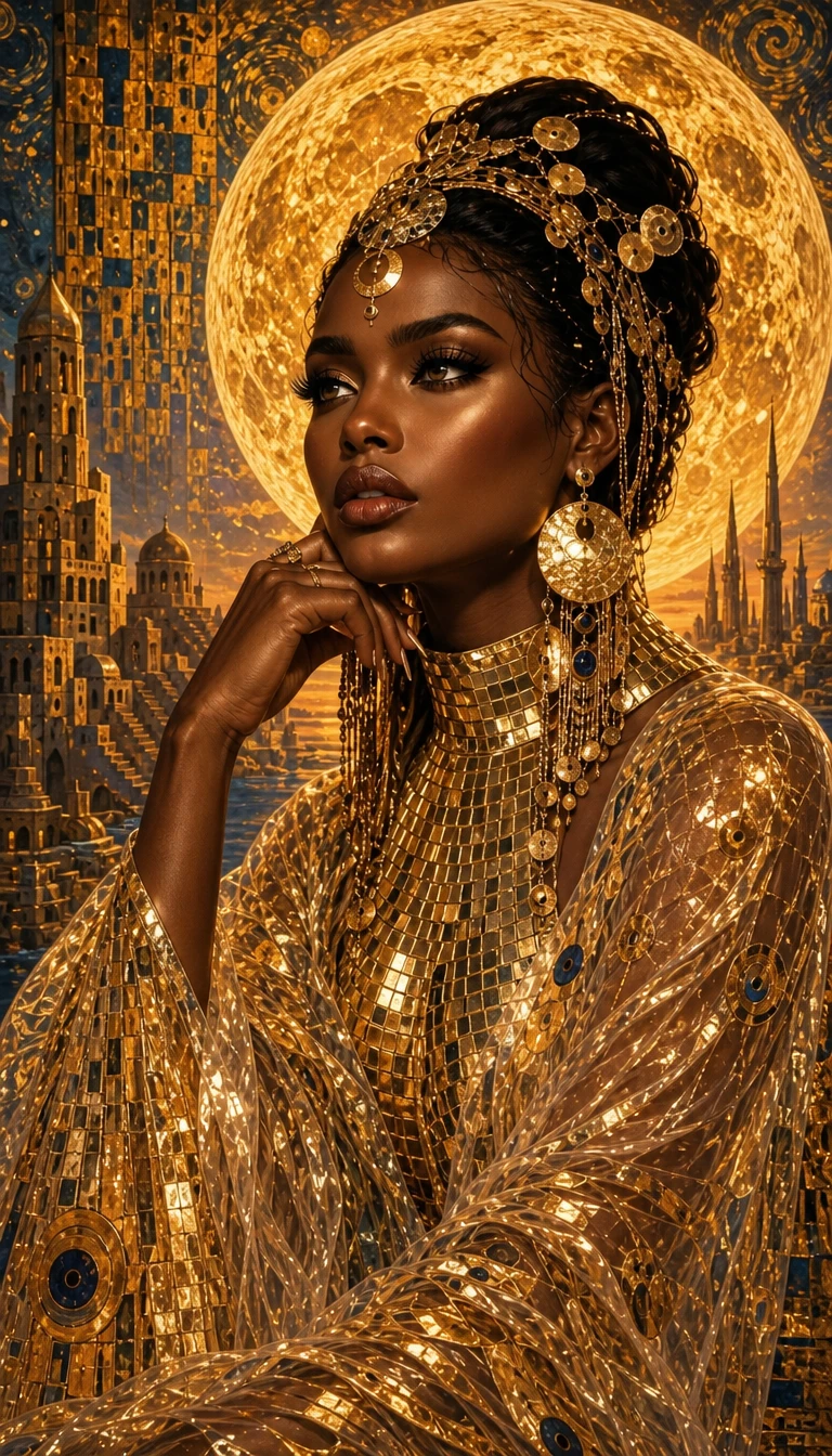 Uma rainha da Lua afrofuturista veste alta-costura translúcida e luminosa