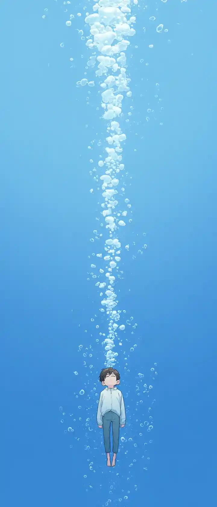 A young boy floats in deep water beneath rising bubbles