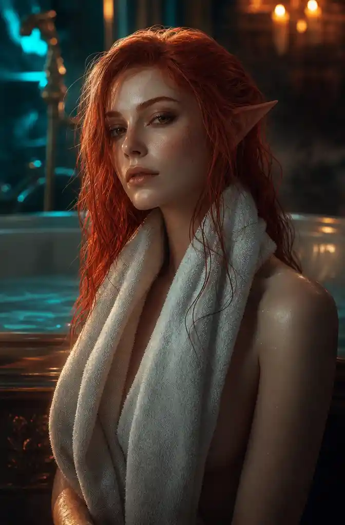 Red-haired elf woman with a neck towel against a bathtub background