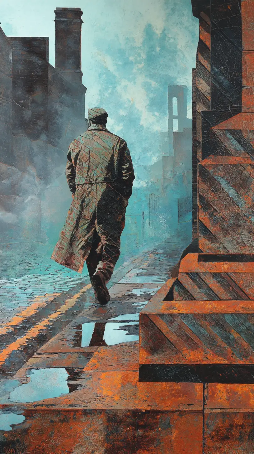Ruas molhadas pela chuva na Londres do pós-guerra, sob duras sombras de concreto