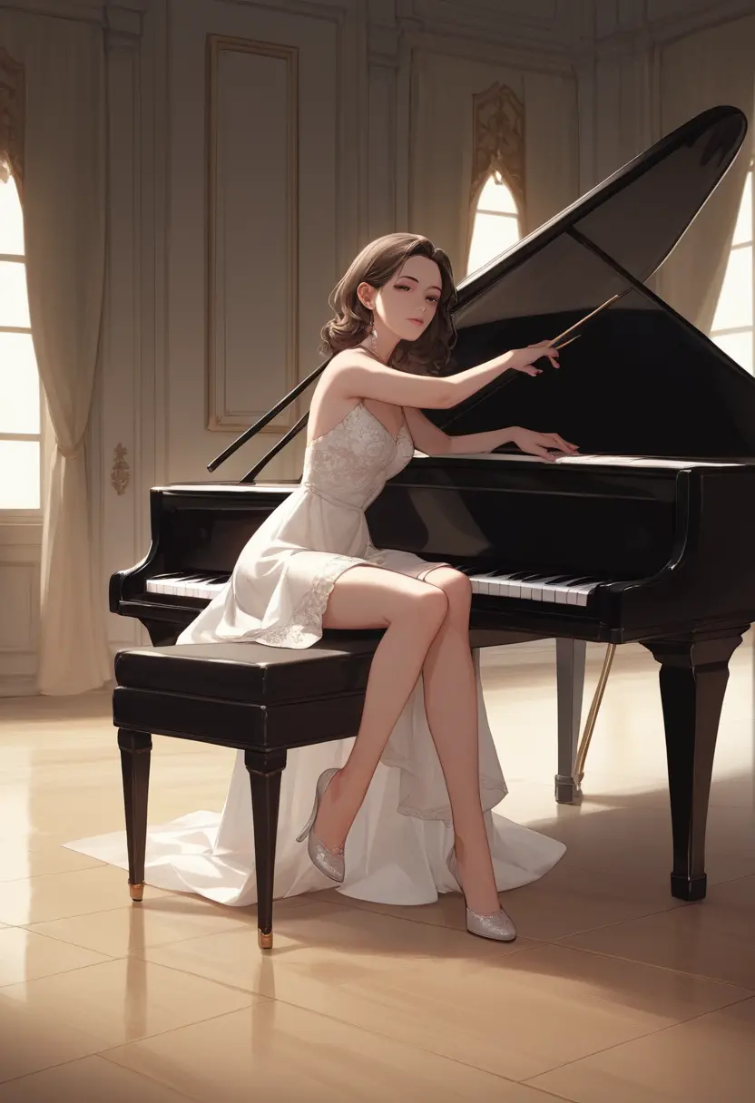 Uma jovem pianista sentada ao piano de cauda no palco de um teatro barroco