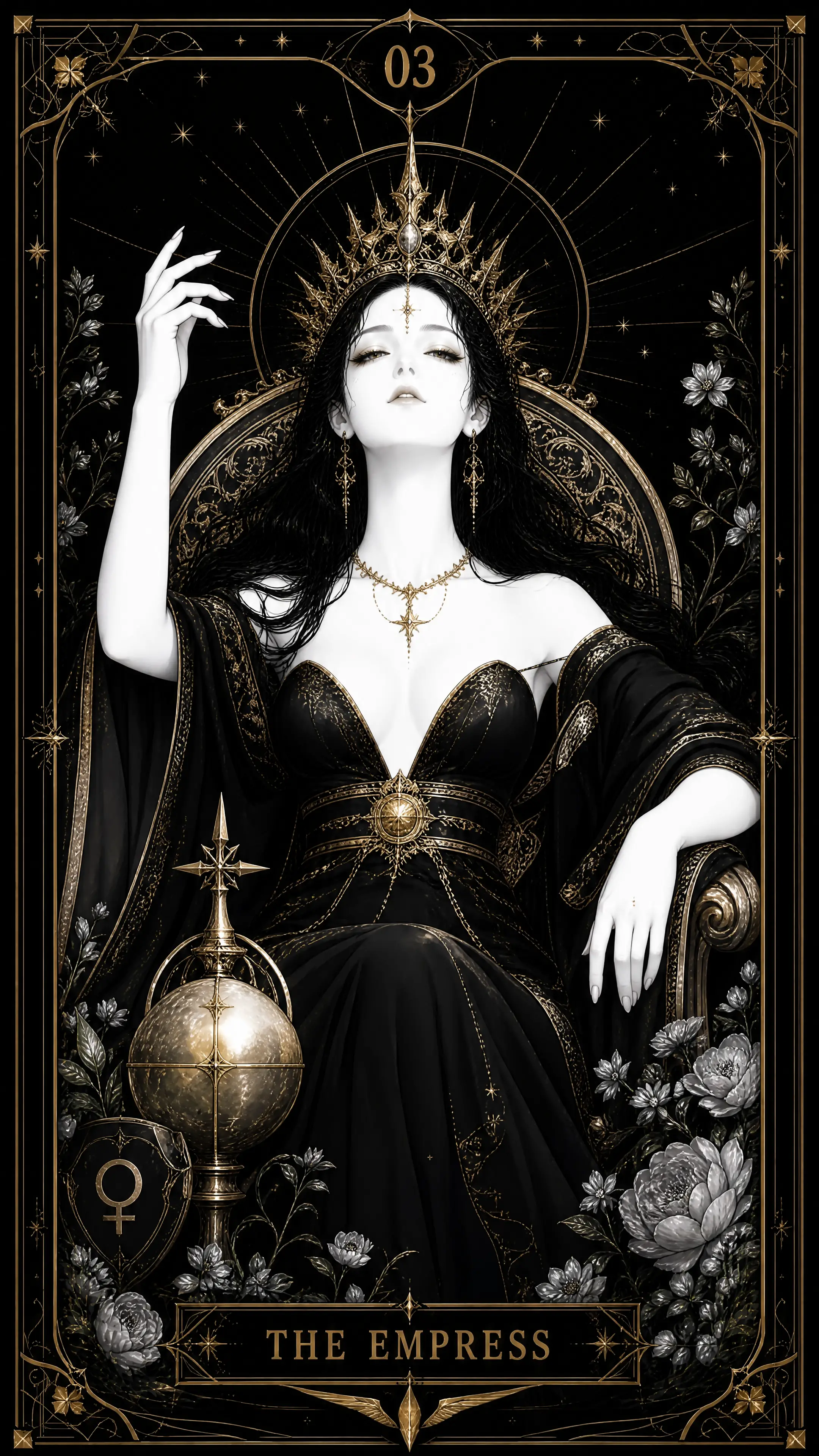 A monochrome empress tarot card with delicate gold details