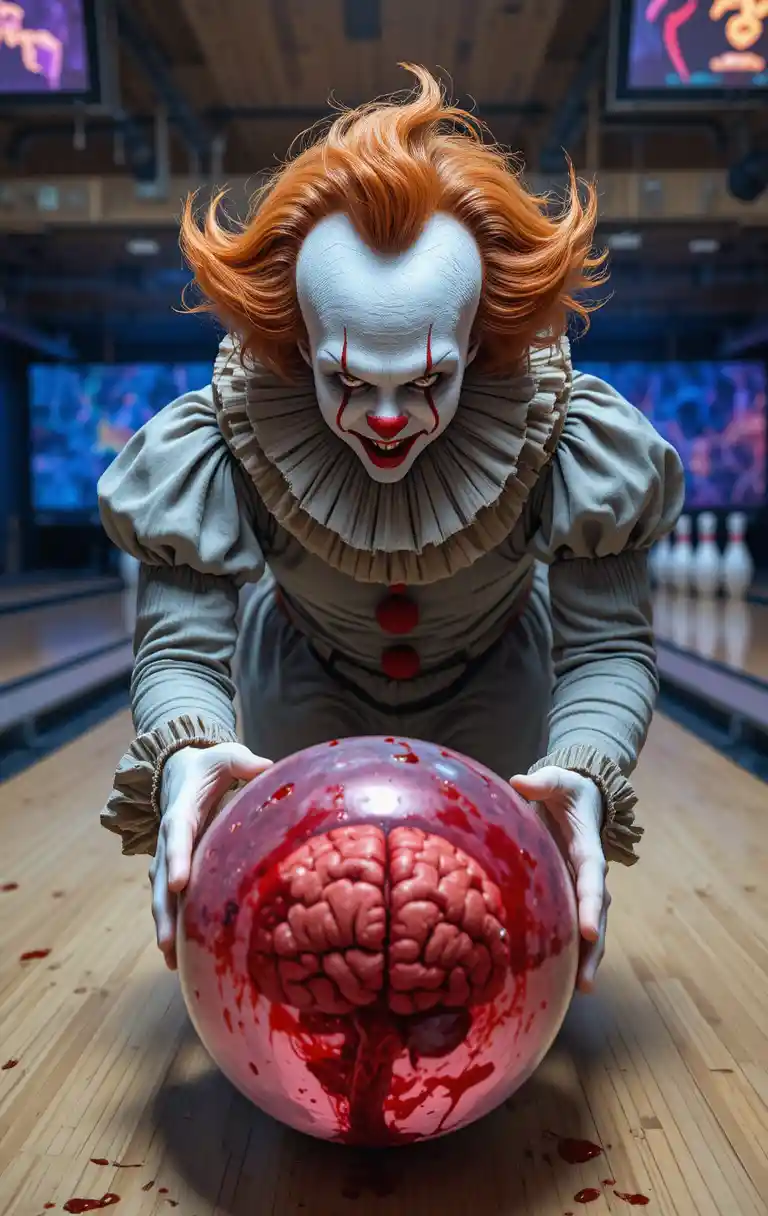A clown bowls with a clear ball of bloody brains at a bowling alley
